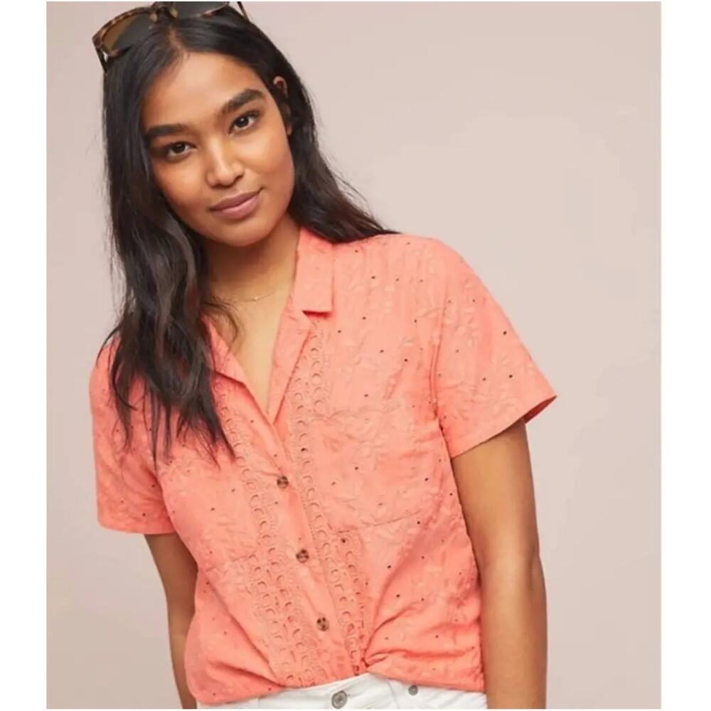 Maeve by Anthopologie Women's Coral Guayabera Eyelet Button‎ Down Shirt Size 6
